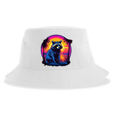 Vintage Retrowave Synthwave 80s Vaporwave Raccoon Sustainable Bucket Hat