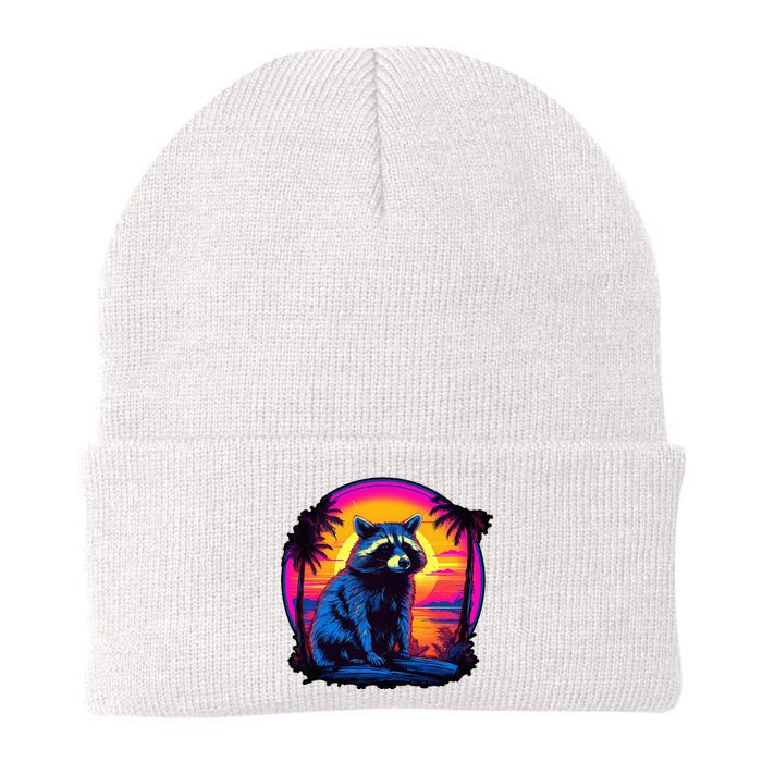 Vintage Retrowave Synthwave 80s Vaporwave Raccoon Knit Cap Winter Beanie