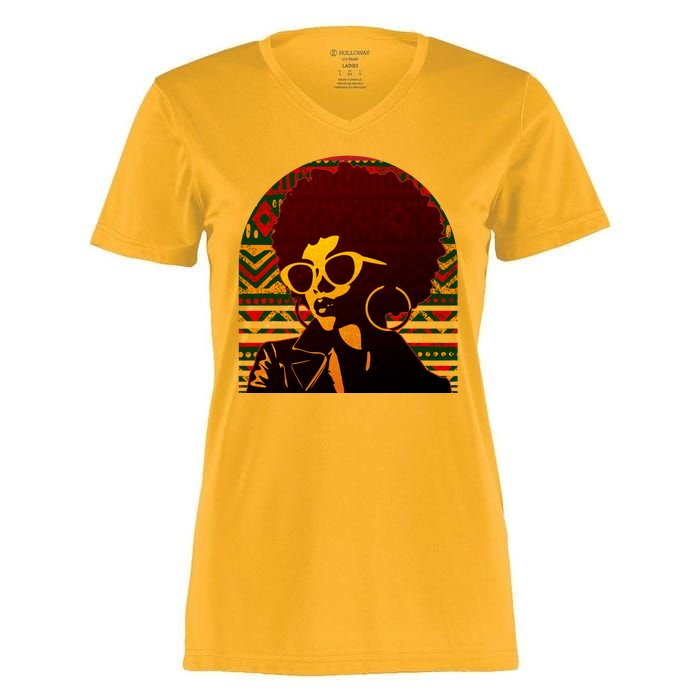 Vintage Retro Stylish Black African American Woman With Afro Women's Momentum V-Neck T-Shirt