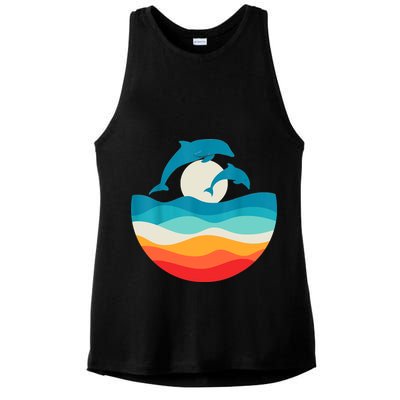 Vintage Retro Summer Time Beach Dolphin Ladies PosiCharge Tri-Blend Wicking Tank