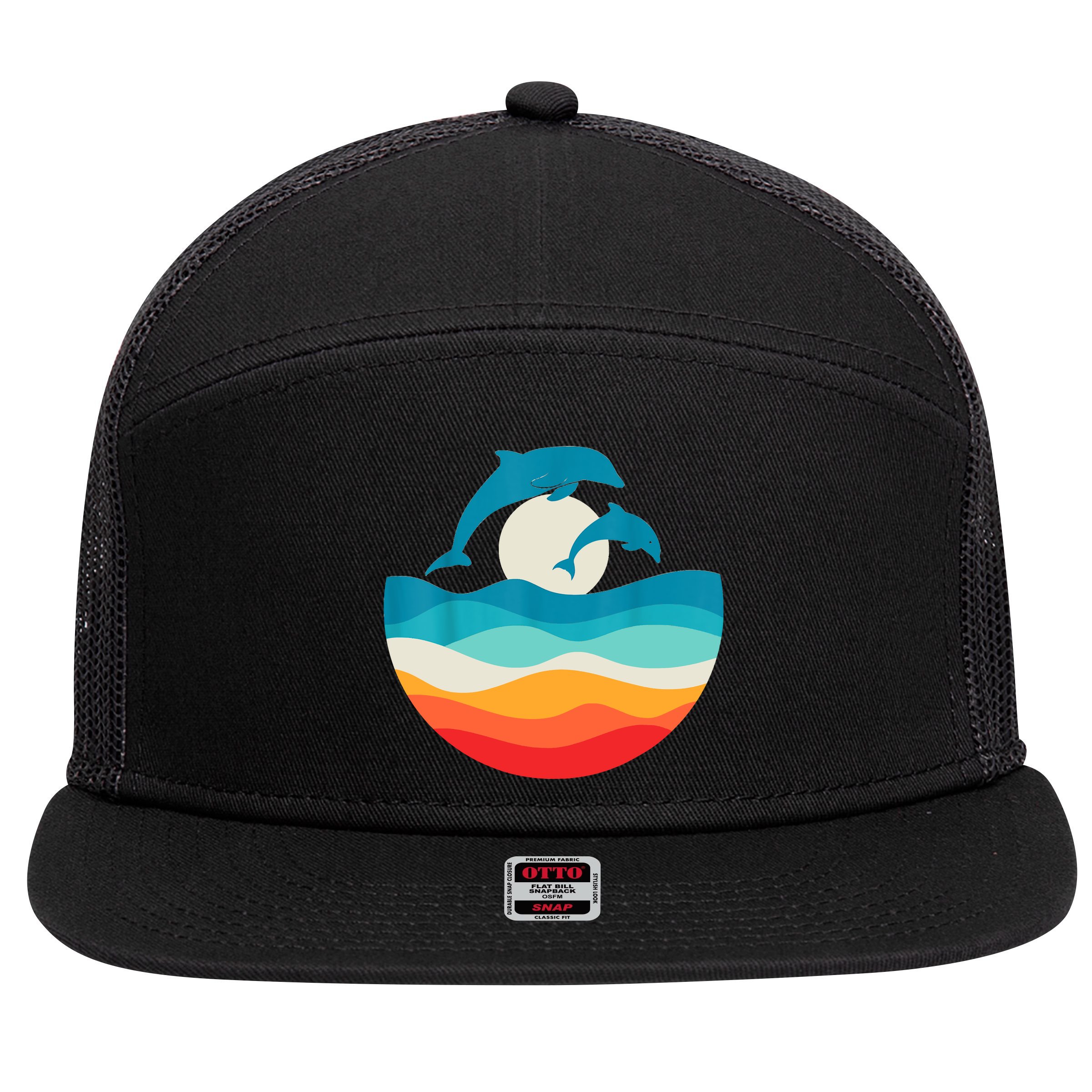 Vintage Retro Summer Time Beach Dolphin 7 Panel Mesh Trucker Snapback Hat