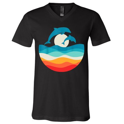 Vintage Retro Summer Time Beach Dolphin V-Neck T-Shirt