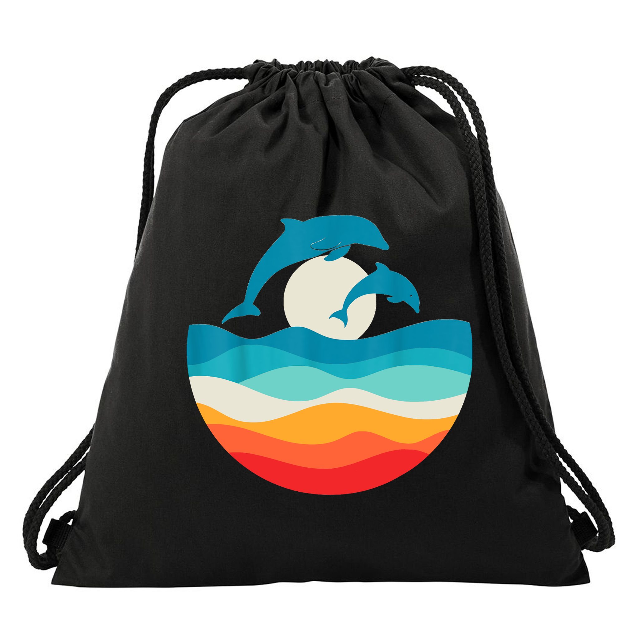 Vintage Retro Summer Time Beach Dolphin Drawstring Bag