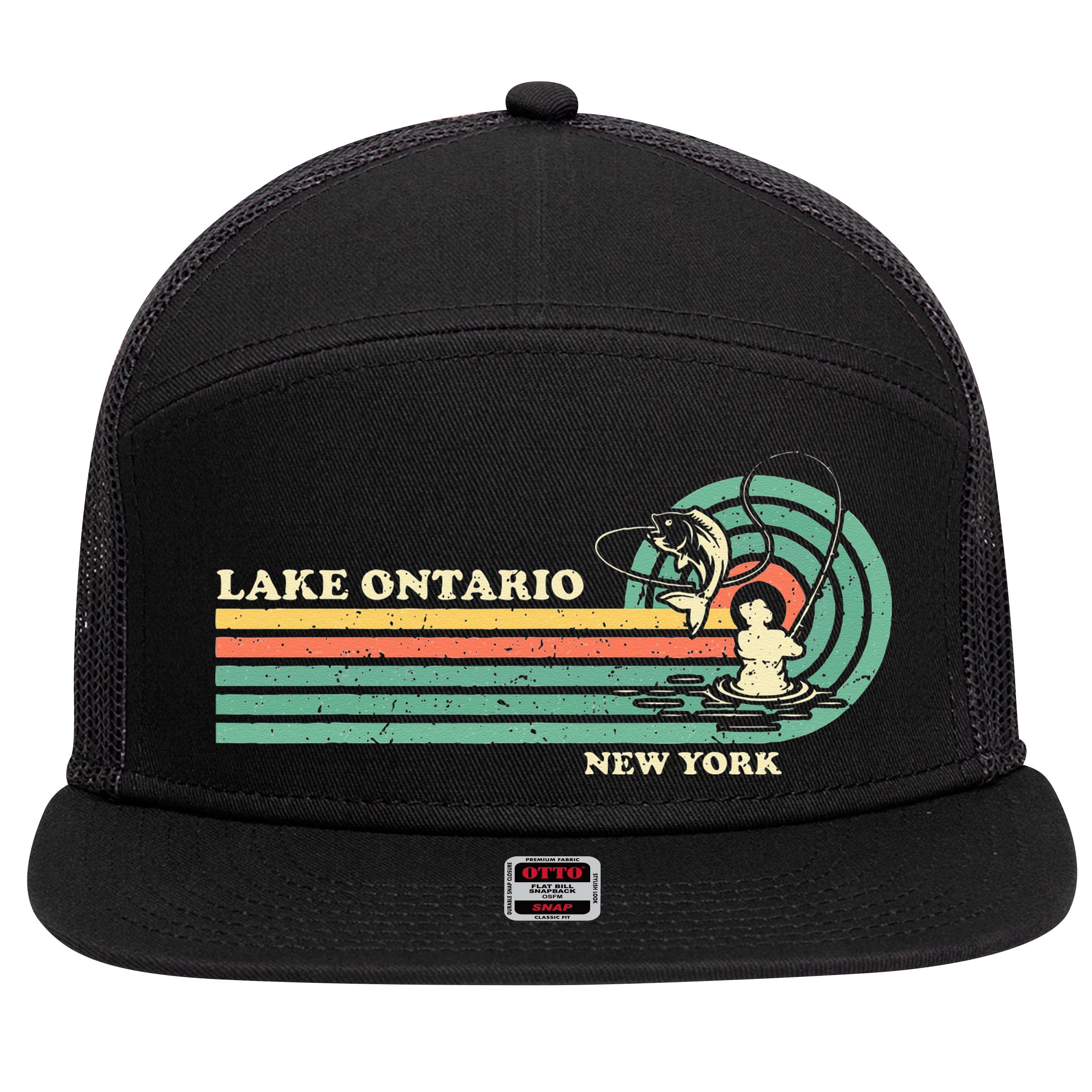 Vintage Retro Summer Fishing New York Ontario Lake 7 Panel Mesh Trucker Snapback Hat