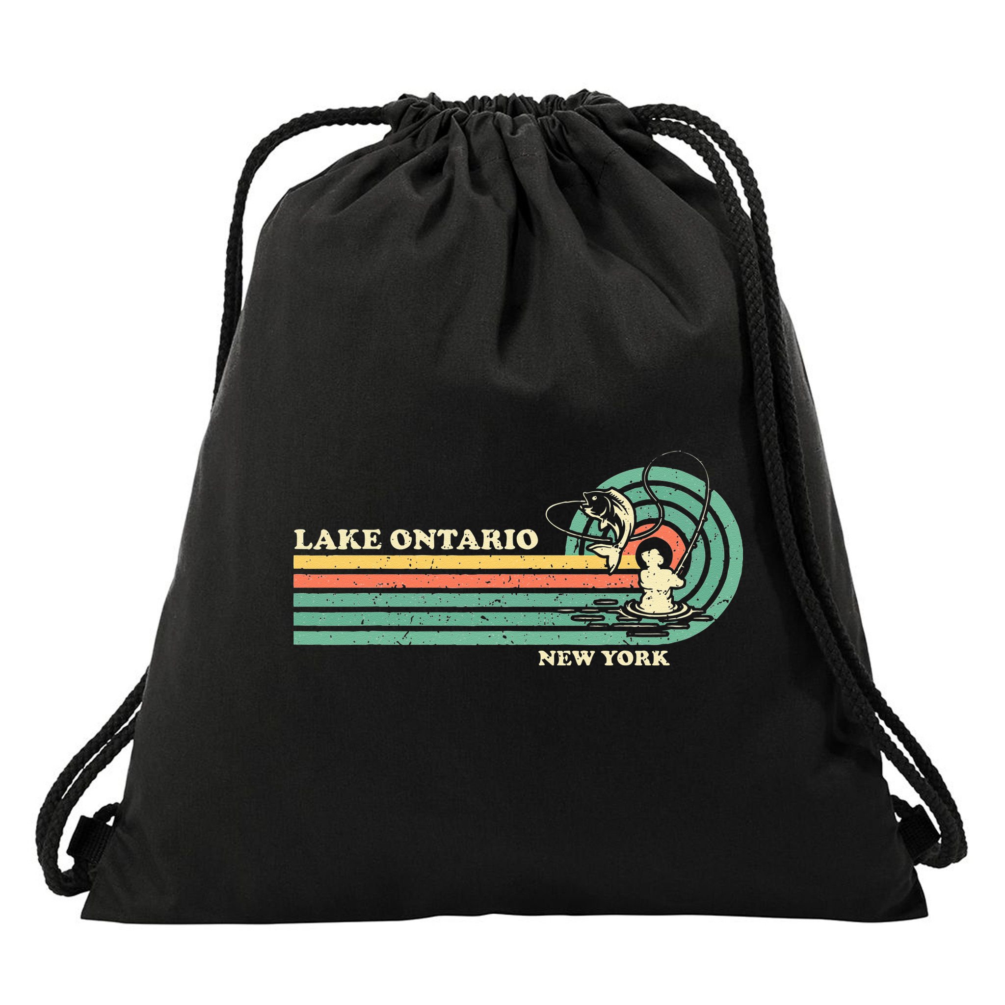 Vintage Retro Summer Fishing New York Ontario Lake Drawstring Bag