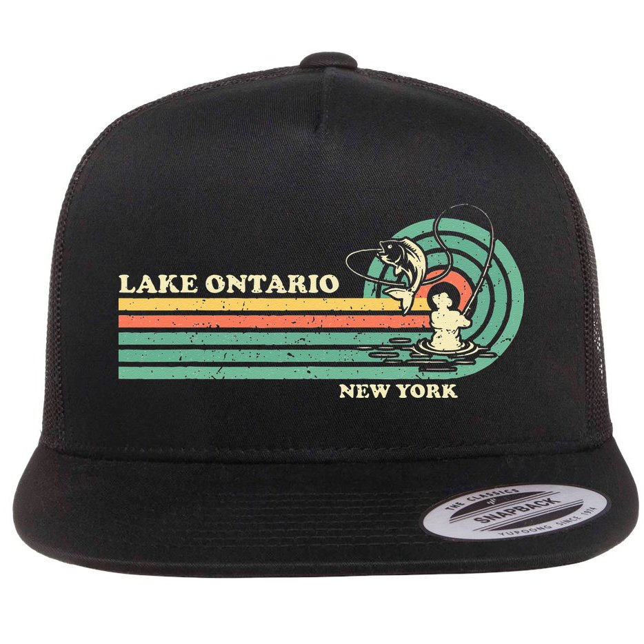 Vintage Retro Summer Fishing New York Ontario Lake Flat Bill Trucker Hat