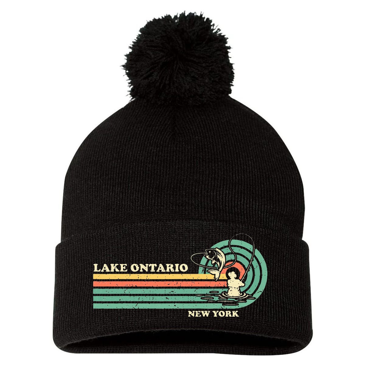 Vintage Retro Summer Fishing New York Ontario Lake Pom Pom 12in Knit Beanie