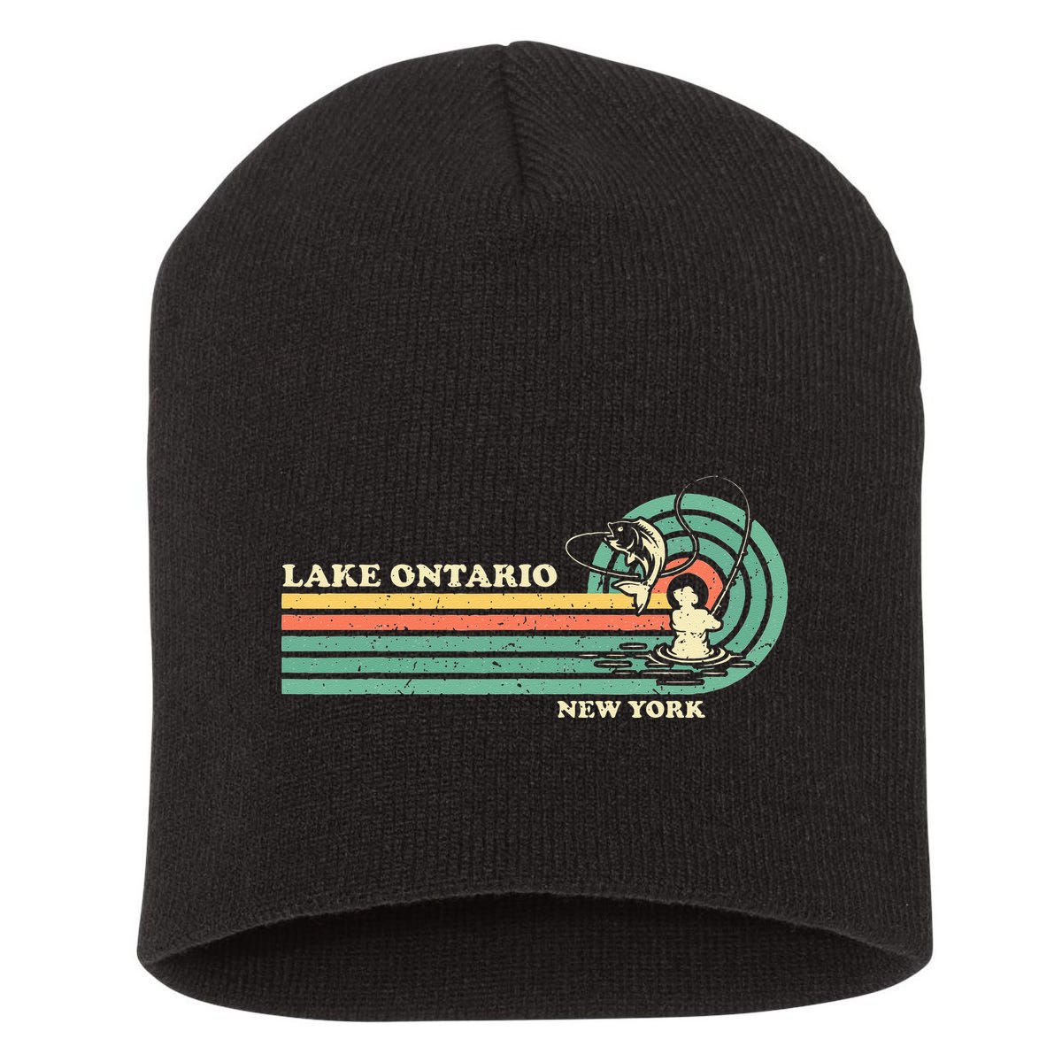 Vintage Retro Summer Fishing New York Ontario Lake Short Acrylic Beanie