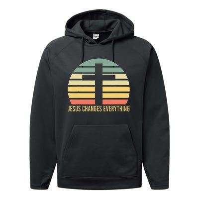 Vintage Retro Sunset Christian Jesus Changes Everything Performance Fleece Hoodie