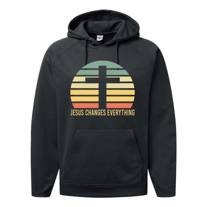 Vintage Retro Sunset Christian Jesus Changes Everything Performance Fleece Hoodie