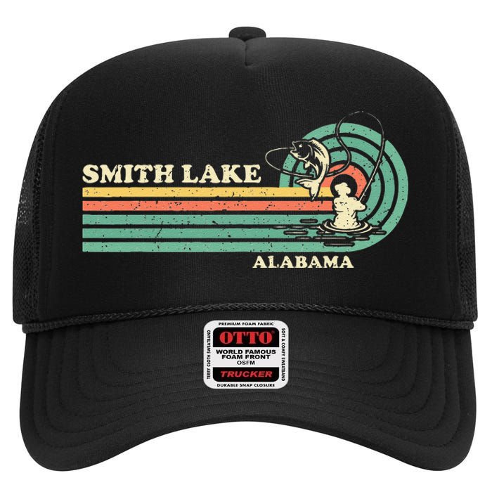 Vintage Retro Summer Fishing Alabama Smith Lake High Crown Mesh Back Trucker Hat