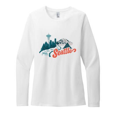 Vintage Retro Seattle Skyline And Nature Landscape Womens CVC Long Sleeve Shirt