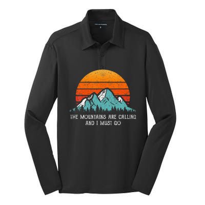 Vintage Retro Sun The Mountains Are Calling & I Must Go Silk Touch Performance Long Sleeve Polo