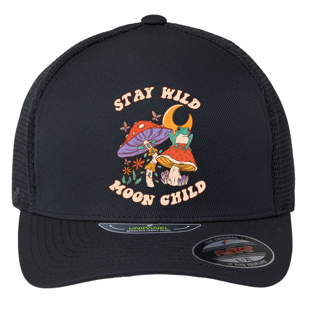 Vintage Retro Stay Wild Moon Child Frog Mushroom Hippie Flexfit Unipanel Trucker Cap
