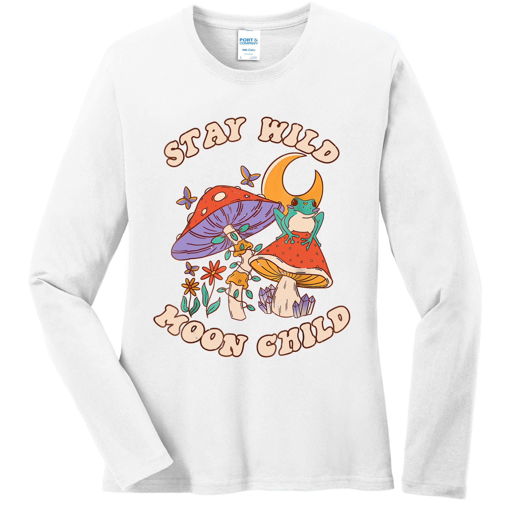 Vintage Retro Stay Wild Moon Child Frog Mushroom Hippie Ladies Long Sleeve Shirt