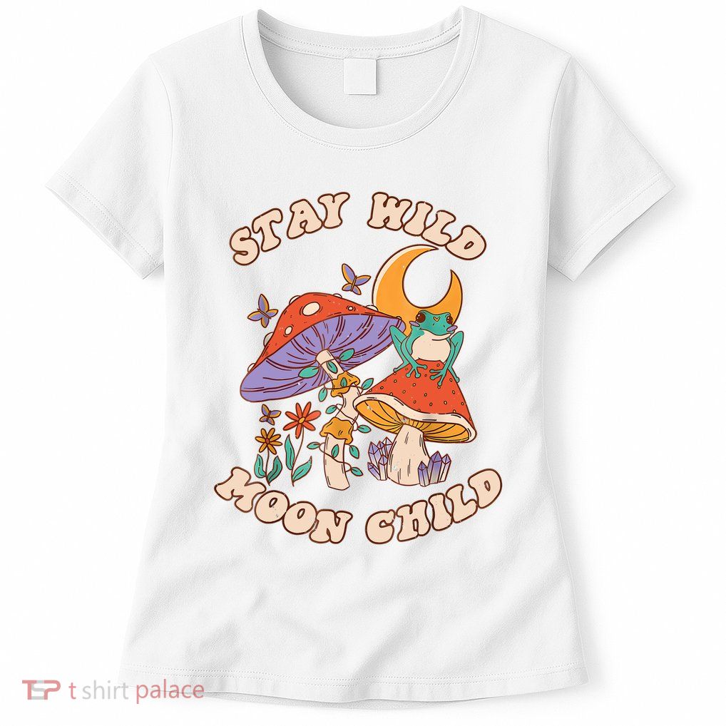 Vintage Retro Stay Wild Moon Child Frog Mushroom Hippie Womens T-Shirt