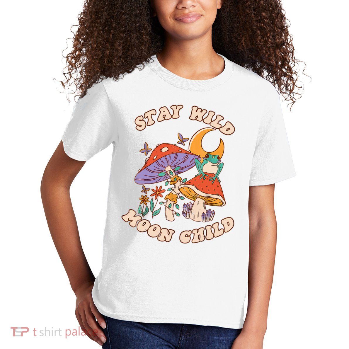 Vintage Retro Stay Wild Moon Child Frog Mushroom Hippie Kids T-Shirt