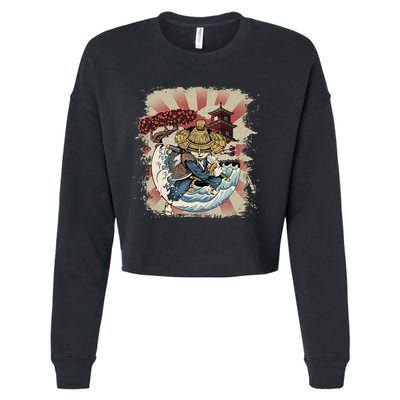 Vintage Retro Samurai Cat Neko Cropped Pullover Crew