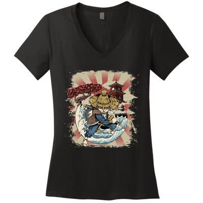 Vintage Retro Samurai Cat Neko Women's V-Neck T-Shirt
