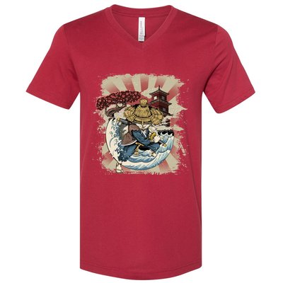 Vintage Retro Samurai Cat Neko V-Neck T-Shirt