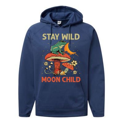 Vintage Retro Stay Wild Moon Child Frog Mushroom Hippie Performance Fleece Hoodie