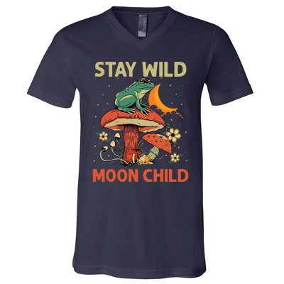 Vintage Retro Stay Wild Moon Child Frog Mushroom Hippie V-Neck T-Shirt