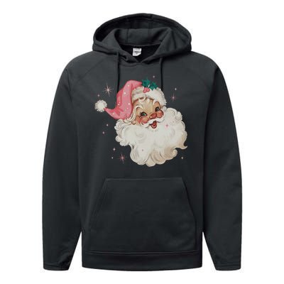 Vintage Retro Santa Christmas Pink Hat Performance Fleece Hoodie