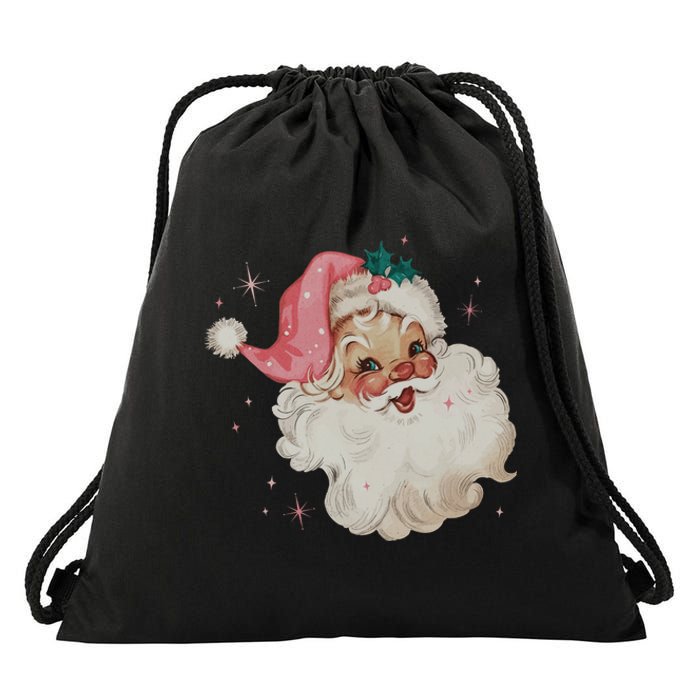 Vintage Retro Santa Christmas Pink Hat Drawstring Bag