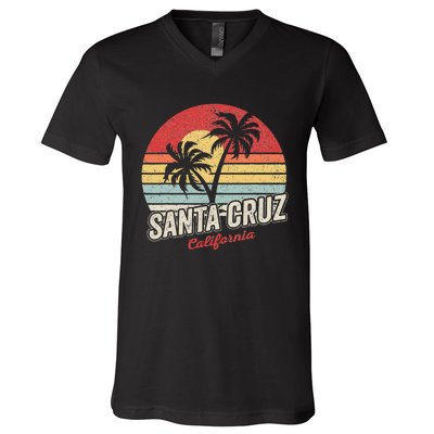 Vintage Retro Santa Cruz California Beach Sunset V-Neck T-Shirt