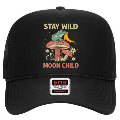 Vintage Retro Stay Wild Moon Child Frog Mushroom Hippie High Crown Mesh Back Trucker Hat