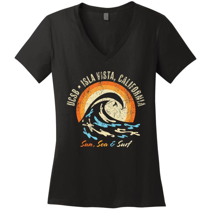 Vintage Retro Surf Style Isla Vista College Apparel Women's V-Neck T-Shirt