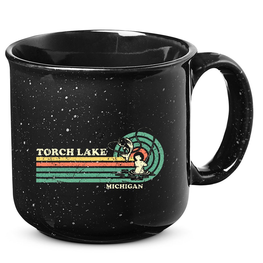 Vintage Retro Summer Fishing Michigan Torch Lake 15oz Campfire Ceramic Mug