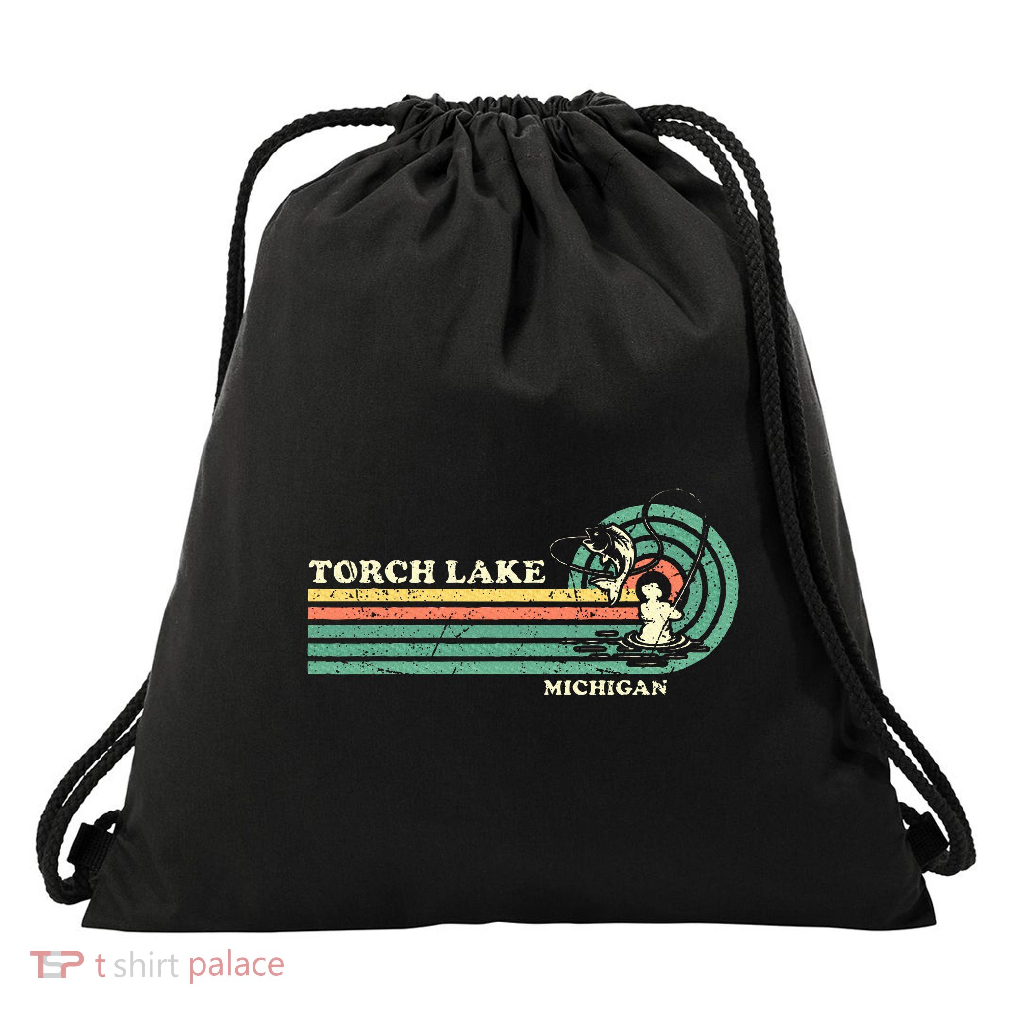 Vintage Retro Summer Fishing Michigan Torch Lake Drawstring Bag