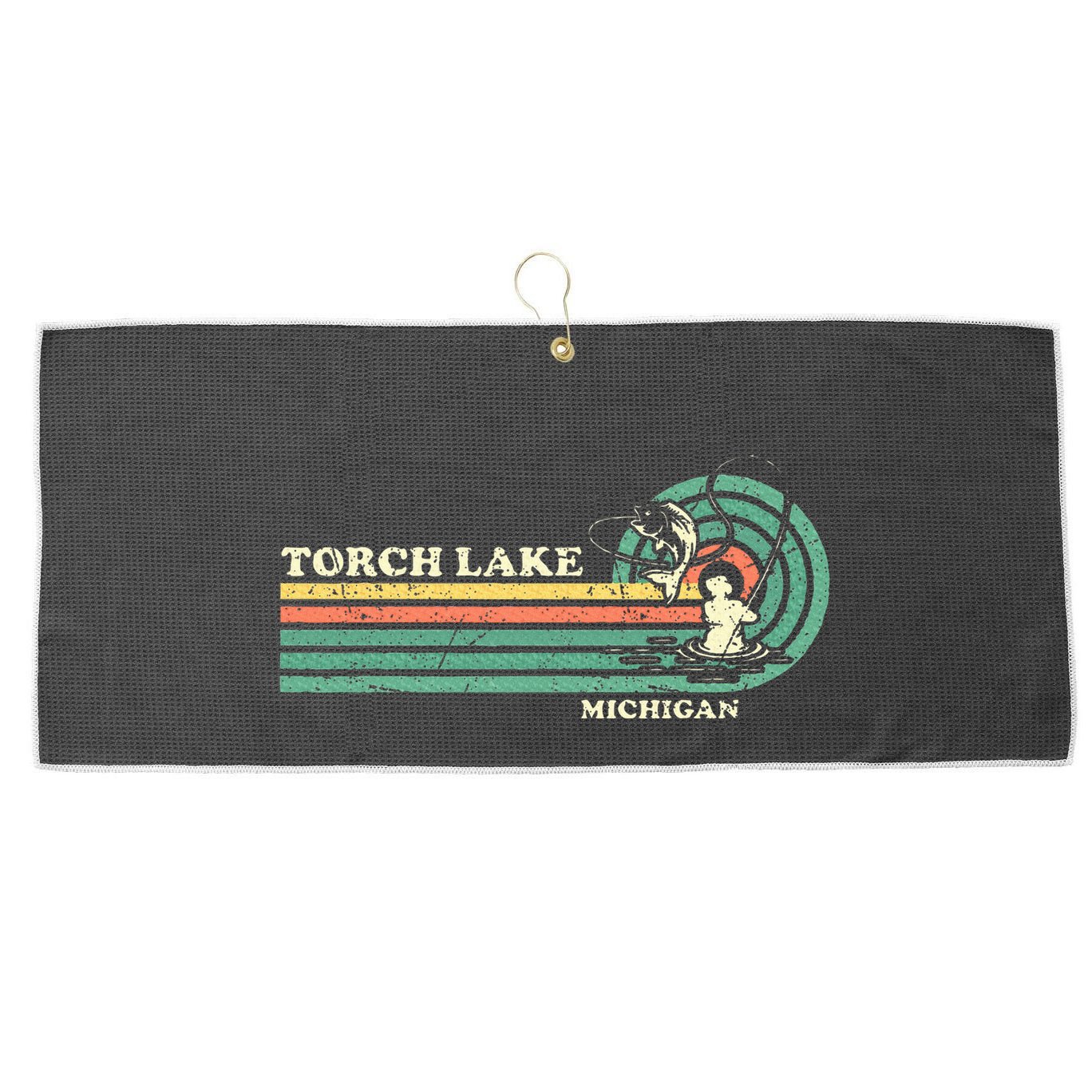Vintage Retro Summer Fishing Michigan Torch Lake Large Microfiber Waffle Golf Towel