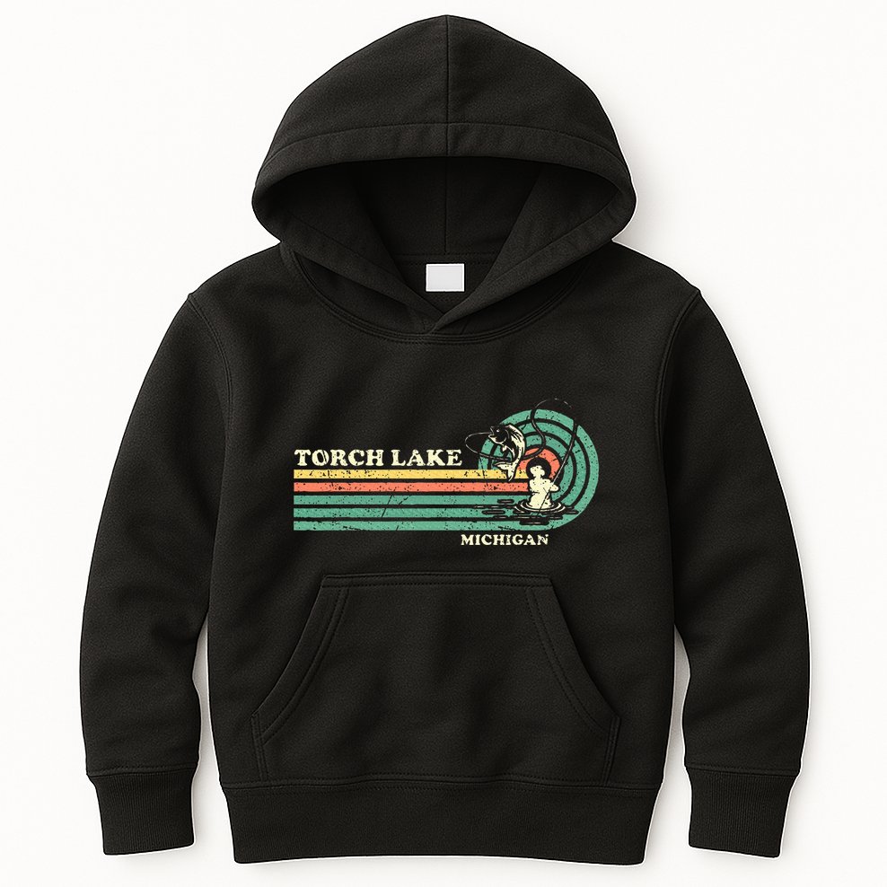 Vintage Retro Summer Fishing Michigan Torch Lake Kids Hoodie