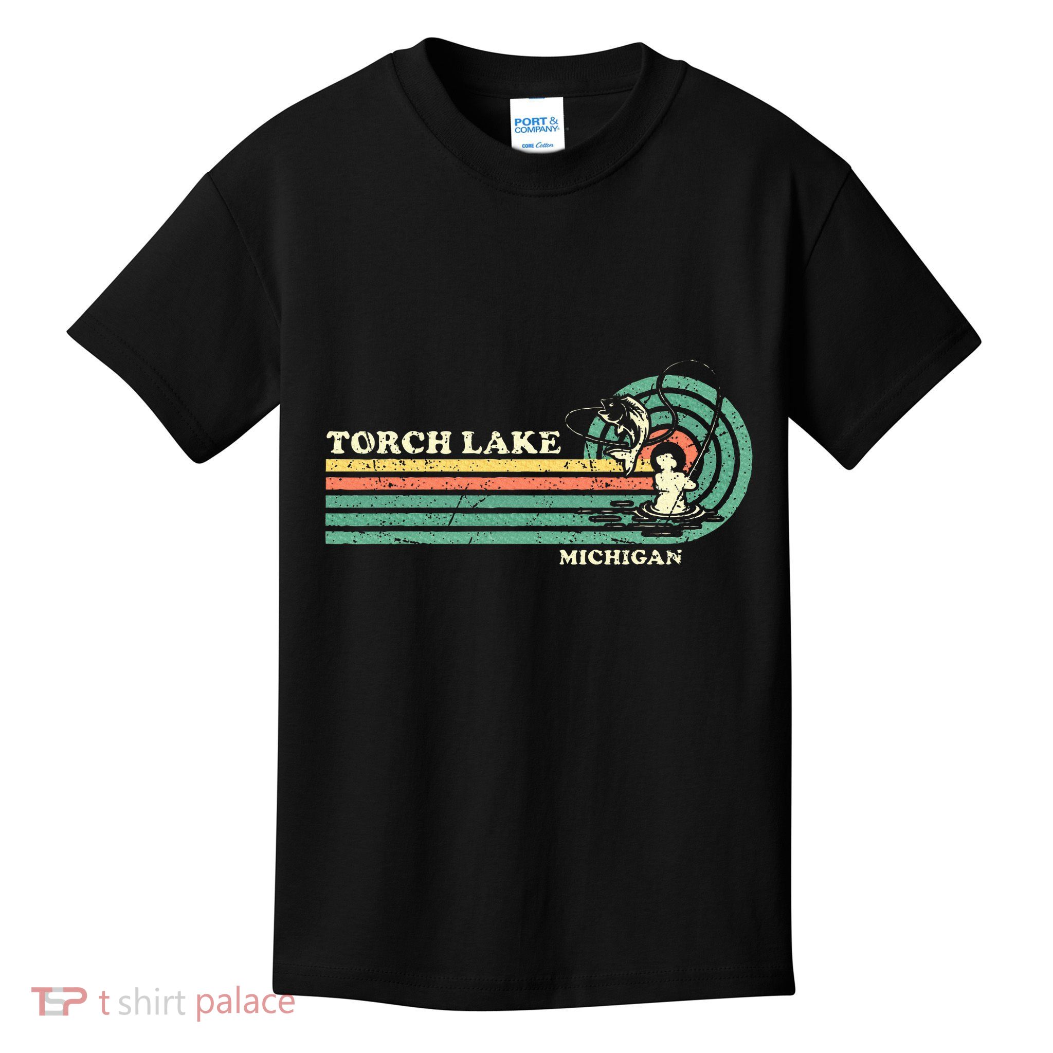 Vintage Retro Summer Fishing Michigan Torch Lake Kids T-Shirt