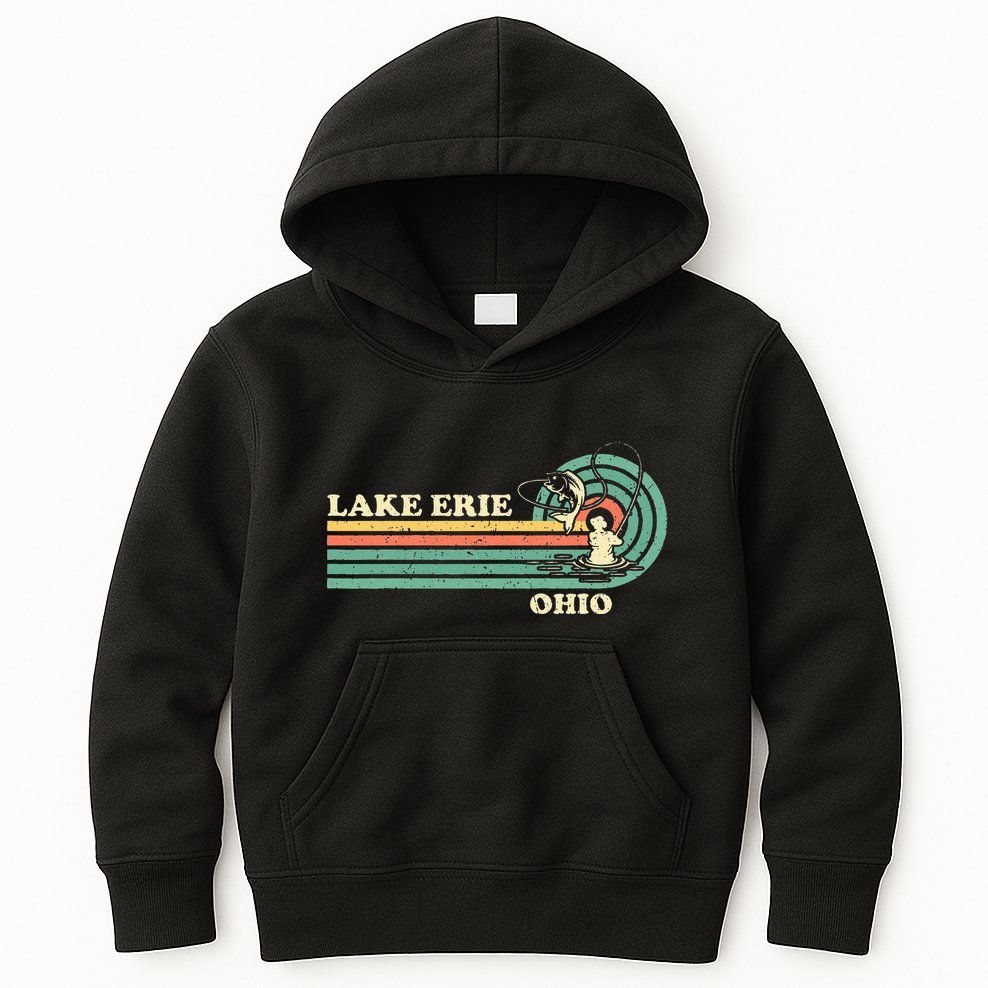 Vintage Retro Summer Fishing Ohio Erie Lake Kids Hoodie