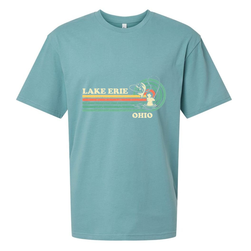Vintage Retro Summer Fishing Ohio Erie Lake Sueded Cloud Jersey T-Shirt