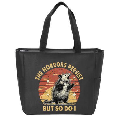 Vintage Racoon The Horrors Persist But So Do I Mental Health Zip Tote Bag
