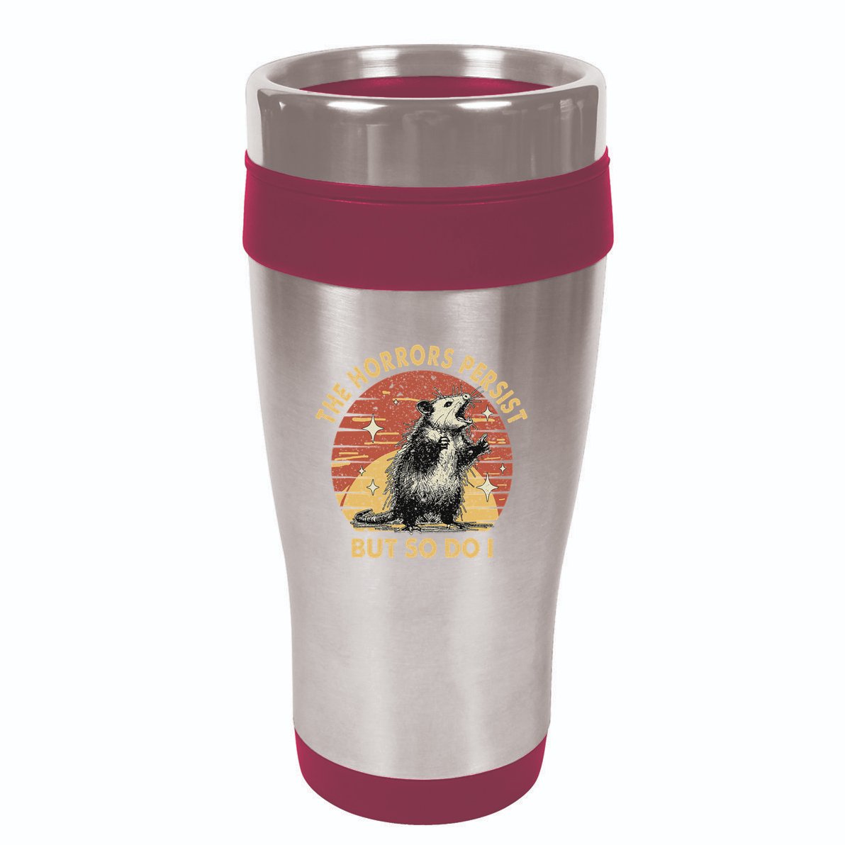 Vintage Racoon The Horrors Persist But So Do I Mental Health 16oz Travel Tumbler