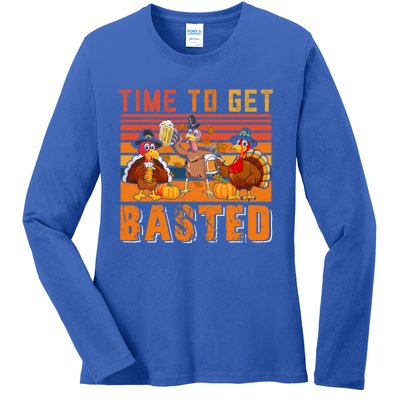 Vintage Retro Time To Get Basted Three Turkeys Ing Beer Gift Ladies Long Sleeve Shirt