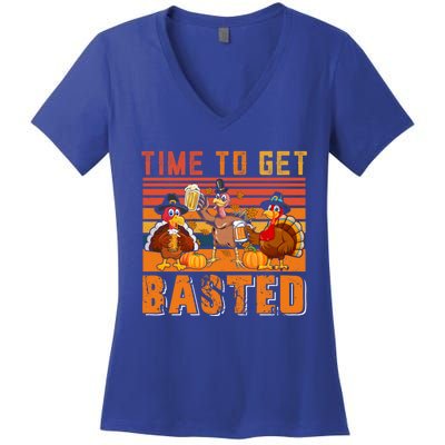 Vintage Retro Time To Get Basted Three Turkeys Ing Beer Gift Women's V-Neck T-Shirt