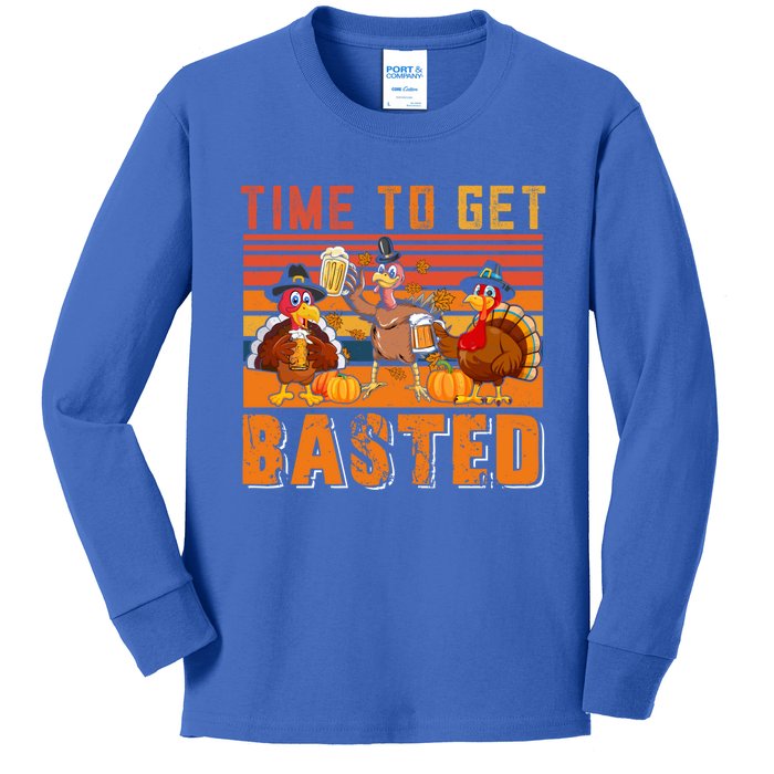 Vintage Retro Time To Get Basted Three Turkeys Ing Beer Gift Kids Long Sleeve Shirt