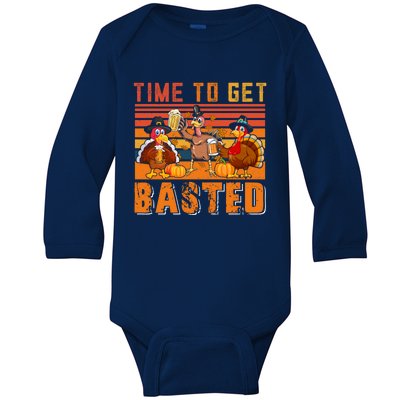 Vintage Retro Time To Get Basted Three Turkeys Ing Beer Gift Baby Long Sleeve Bodysuit