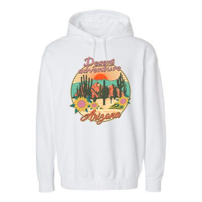 Vintage Retro Travel Arizona Desert Adventure Emblem Garment-Dyed Fleece Hoodie