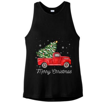 Vintage Red Truck With Merry Christmas Tree Raglan Baseball Ladies PosiCharge Tri-Blend Wicking Tank