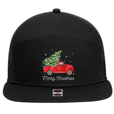 Vintage Red Truck With Merry Christmas Tree Raglan Baseball 7 Panel Mesh Trucker Snapback Hat