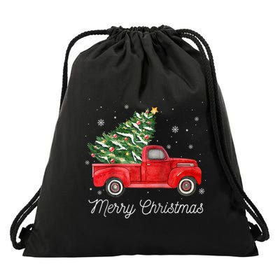 Vintage Red Truck With Merry Christmas Tree Raglan Baseball Drawstring Bag