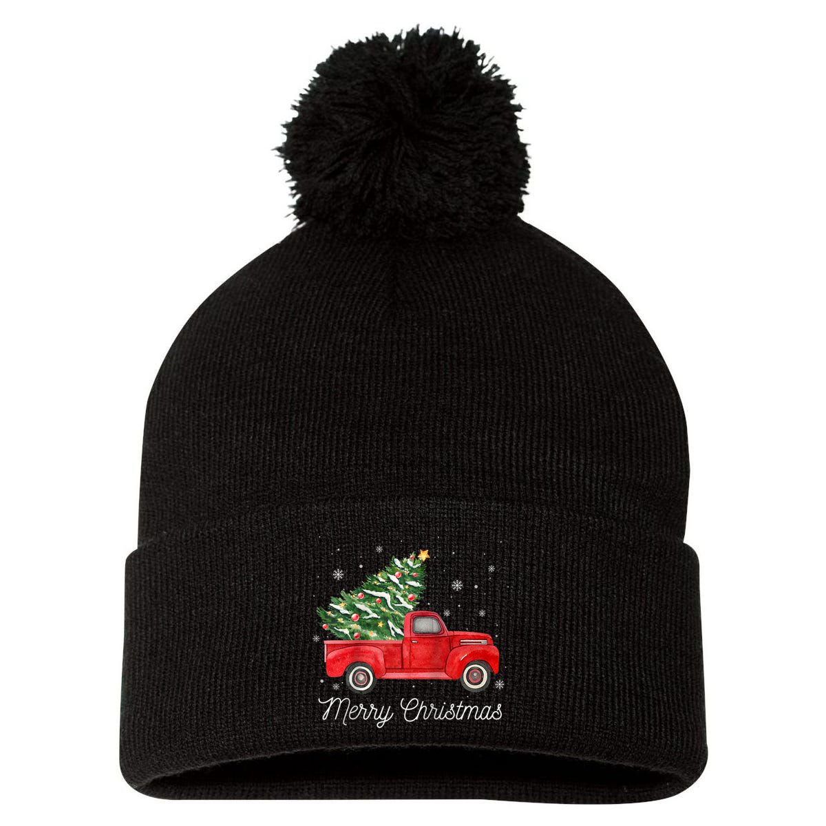 Vintage Red Truck With Merry Christmas Tree Raglan Baseball Pom Pom 12in Knit Beanie