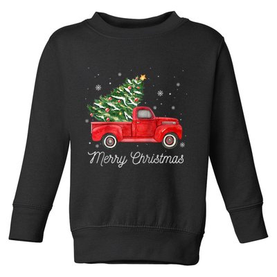 Vintage Red Truck With Merry Christmas Tree Raglan Baseball Toddler Sweatshirt